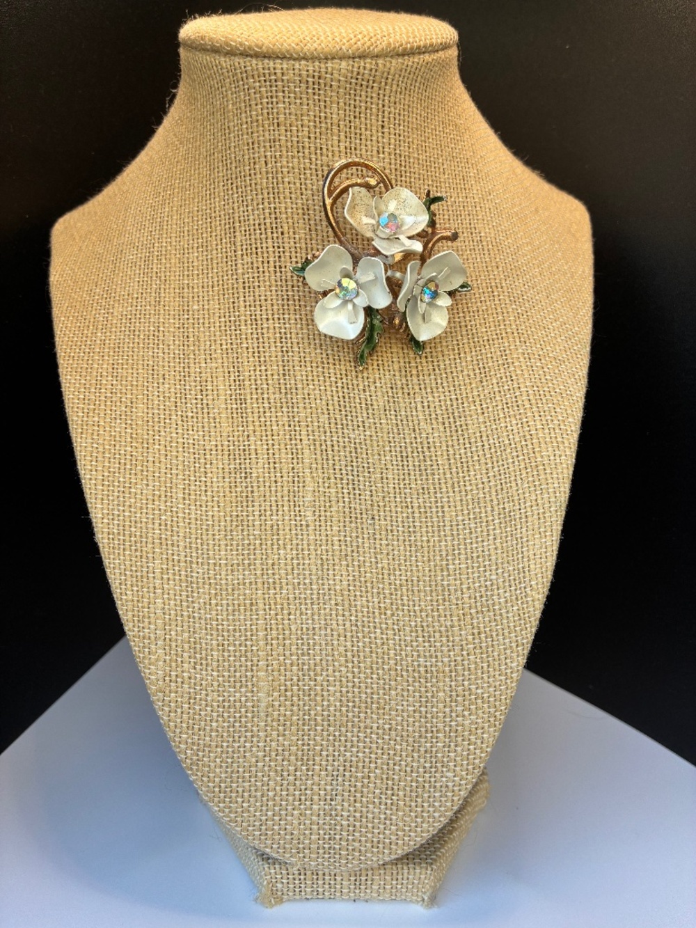 Vintage Gold-tone White & Green Flower Brooch with Clear Rhinestones